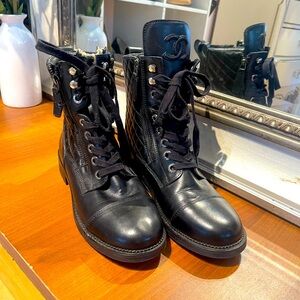 CHANEL Interlocking CC Logo Leather Combat Boots